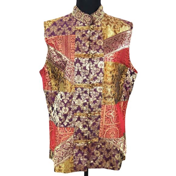 Vintage Coldwater Creek Vest Patchwork Brown Gold Red Purple High Mock Neck Boho - Picture 1 of 8